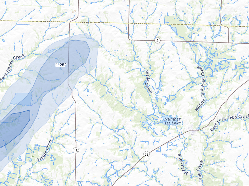 NEXRAD radar-signature map of the hail storm over Calhoun, MO on Apr 28, 2026