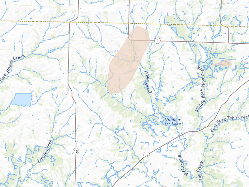 Radar-estimated hail-size map of the storm over Calhoun, MO on Jul 9, 2026