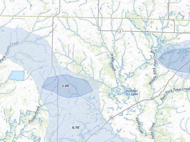 NEXRAD radar-signature map of the hail storm over Calhoun, MO on Jul 9, 2026