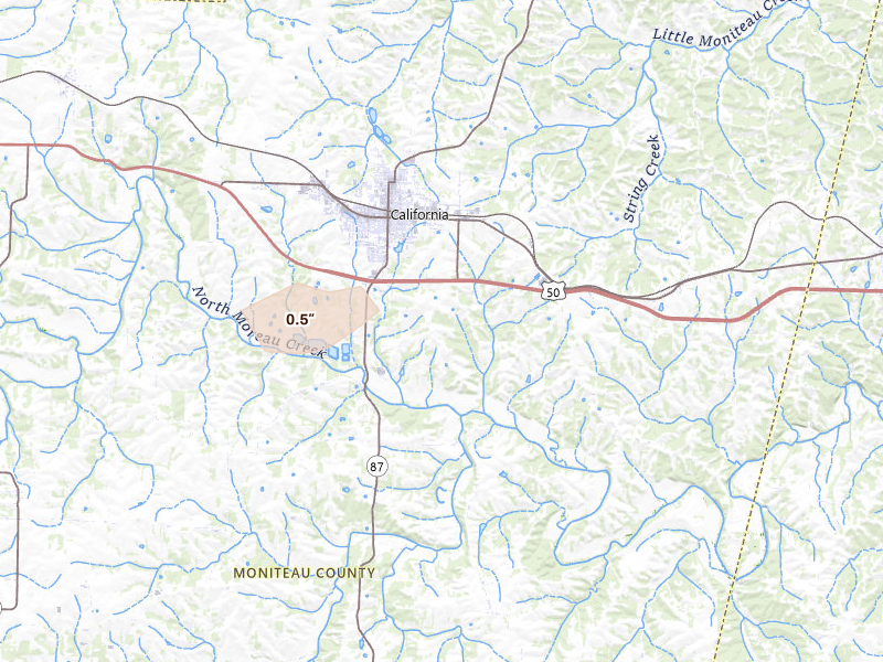 Radar-estimated hail-size map of the storm over California, MO on Mar 31, 2026