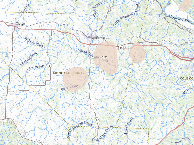 Radar-estimated hail-size map of the storm over California, MO on Apr 17, 2026