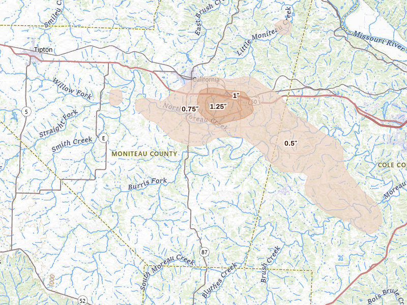 Radar-estimated hail-size map of the storm over California, MO on Jul 9, 2026