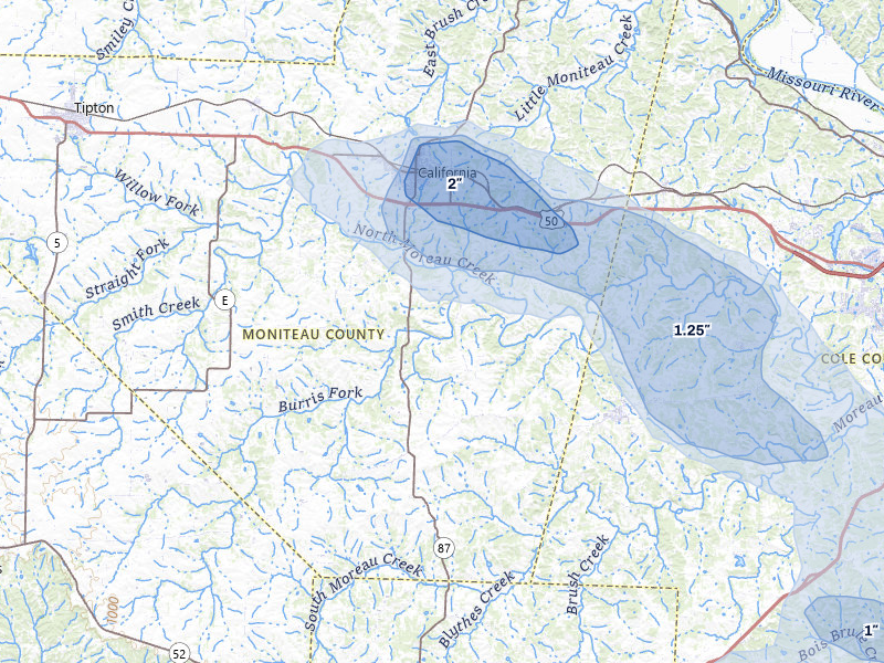 NEXRAD radar-signature map of the hail storm over California, MO on Jul 9, 2026