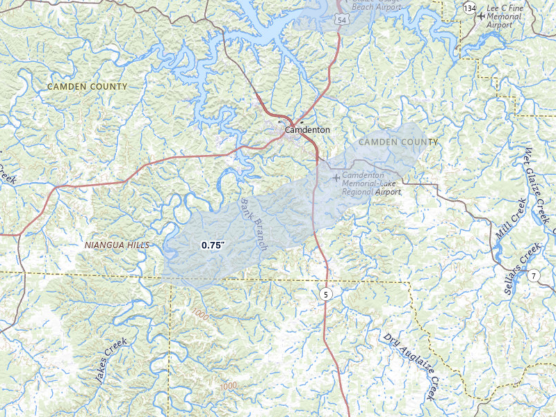 NEXRAD radar-signature map of the hail over Camdenton, MO