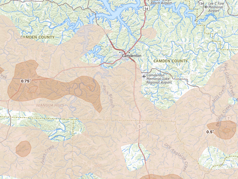 Radar-estimated hail-size map of the storm over Camdenton, MO on Apr 26, 2026