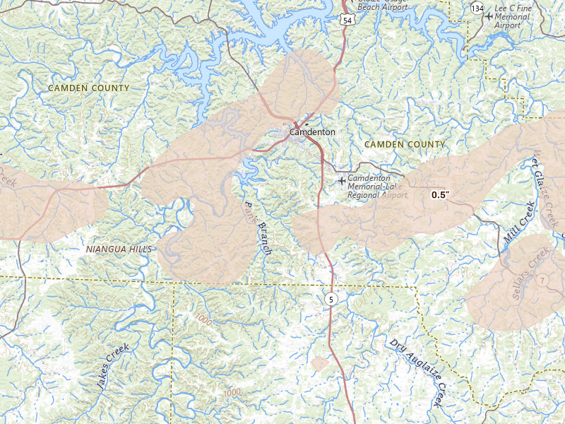 Radar-estimated hail-size map of the storm over Camdenton, MO on May 31, 2026