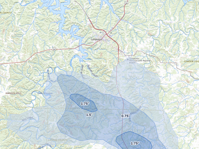 NEXRAD radar-signature map of the hail storm over Camdenton, MO on Aug 12, 2026