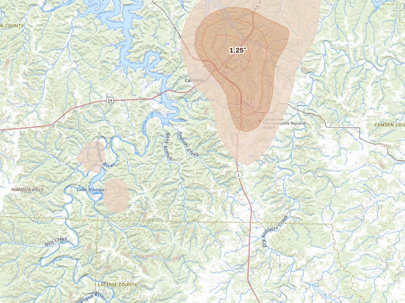 Radar-estimated hail-size map of the storm over Camdenton, MO on Sep 16, 2026