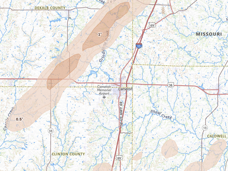 Radar-estimated hail-size map of the storm over Cameron, MO on Apr 15, 2026