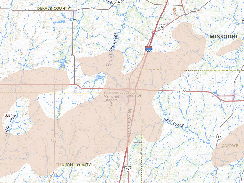 Radar-estimated hail-size map of the storm over Cameron, MO on Apr 17, 2026