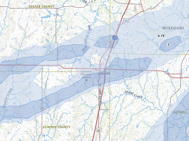 NEXRAD radar-signature map of the hail storm over Cameron, MO on Apr 17, 2026