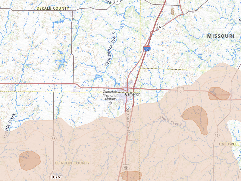 Radar-estimated hail-size map of the storm over Cameron, MO on Apr 26, 2026