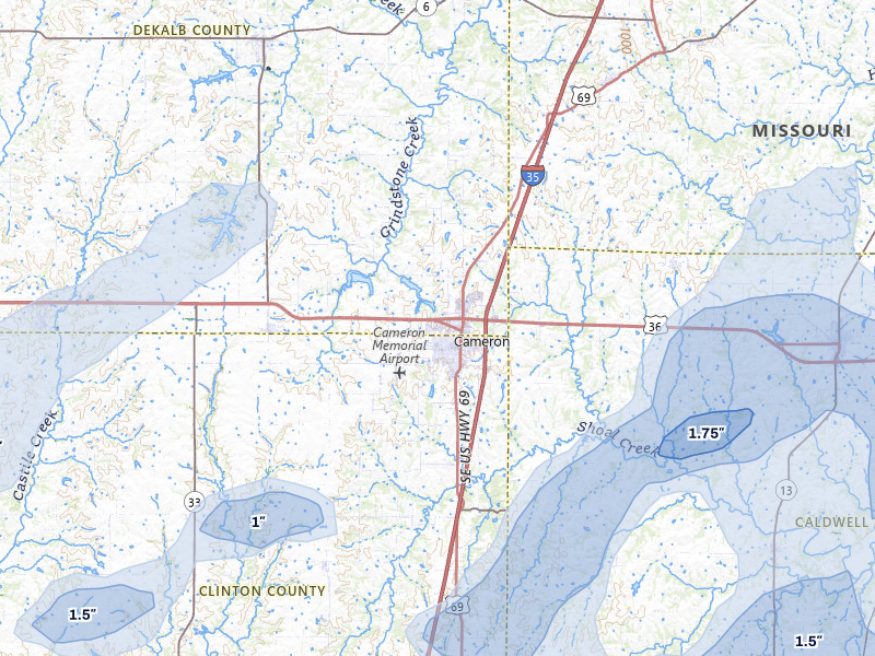 NEXRAD radar-signature map of the hail storm over Cameron, MO on Apr 26, 2026