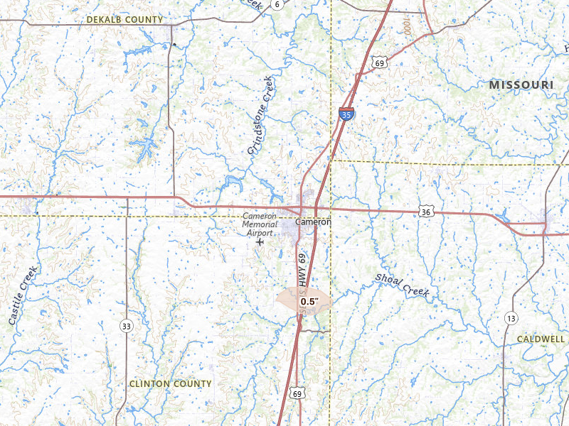 Radar-estimated hail-size map of the storm over Cameron, MO on May 4, 2026