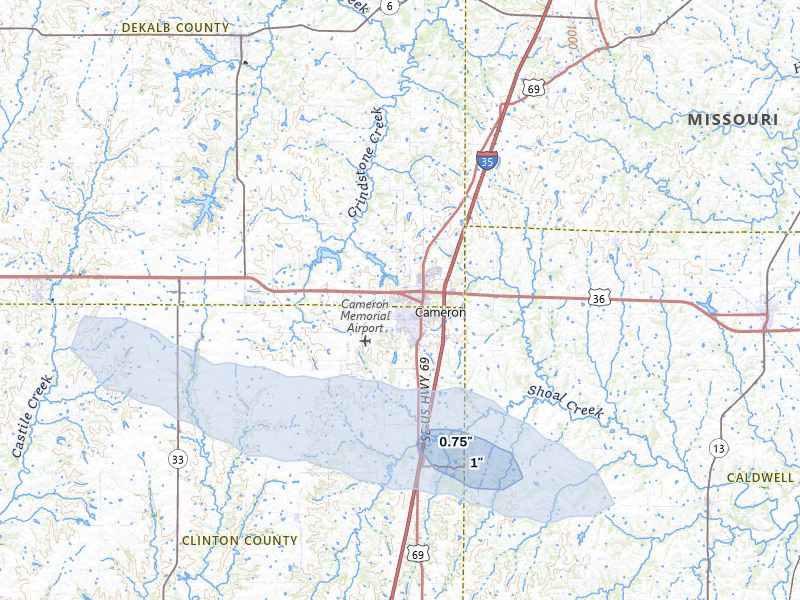 NEXRAD radar-signature map of the hail storm over Cameron, MO on May 4, 2026