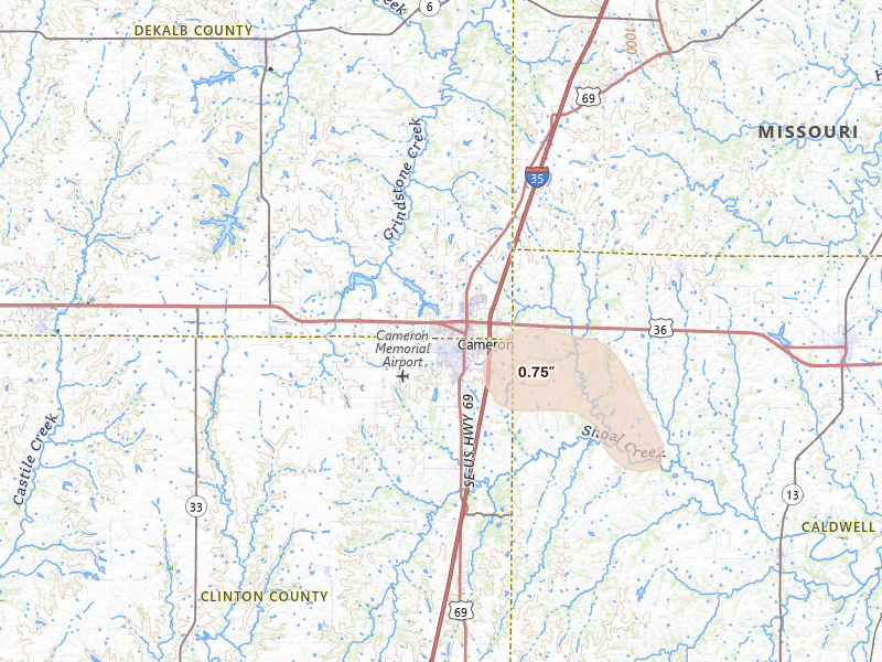 Radar-estimated hail-size map of the storm over Cameron, MO on May 29, 2026