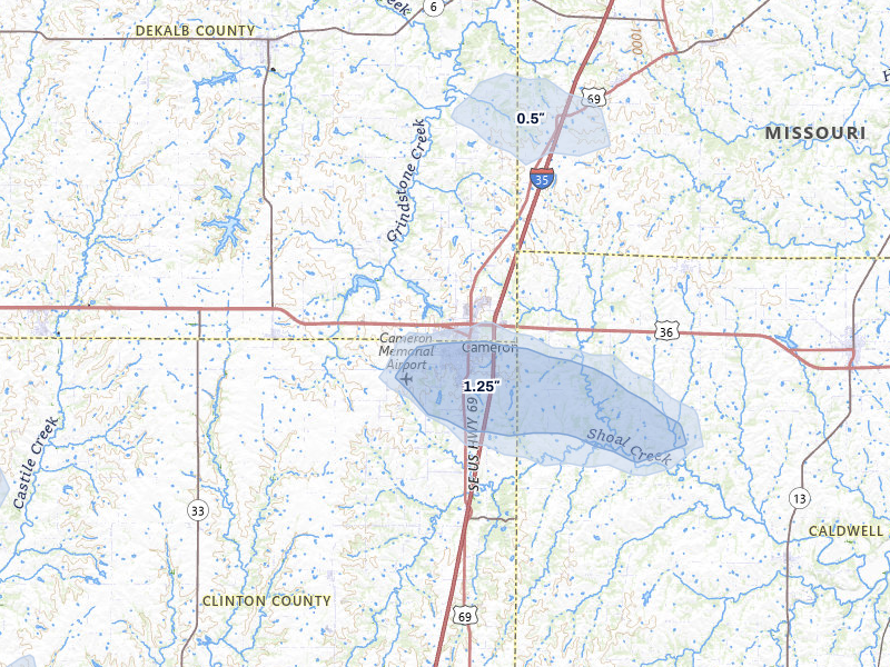 NEXRAD radar-signature map of the hail storm over Cameron, MO on May 29, 2026