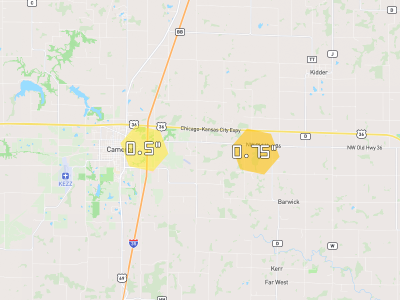 Hail map of Cameron, MO on Jul 10, 2026, hail up to 0.75"