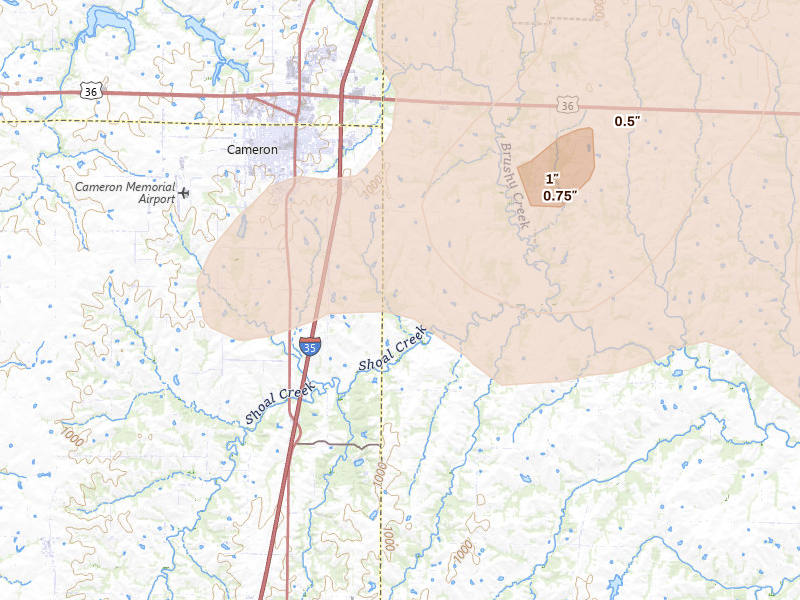 Radar-estimated hail-size map of the storm over Cameron, MO on Aug 8, 2026