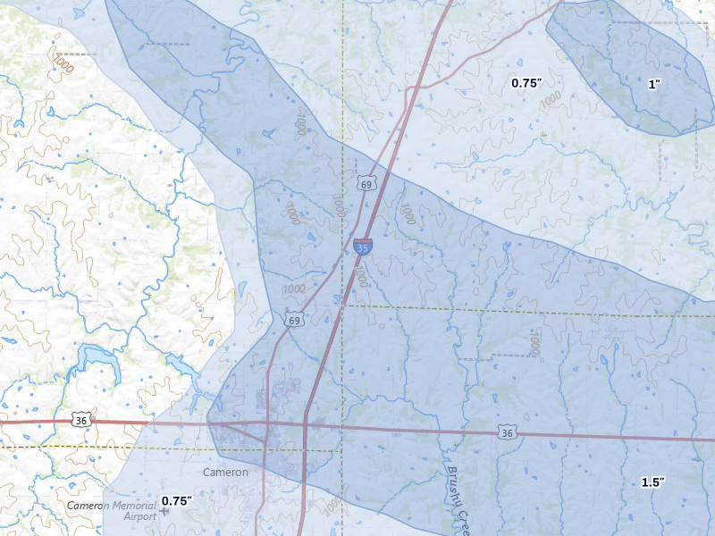 NEXRAD radar-signature map of the hail storm over Cameron, MO on Aug 8, 2026