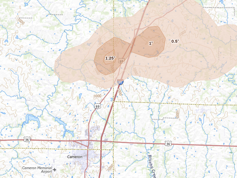 Radar-estimated hail-size map of the storm over Cameron, MO on Aug 14, 2026