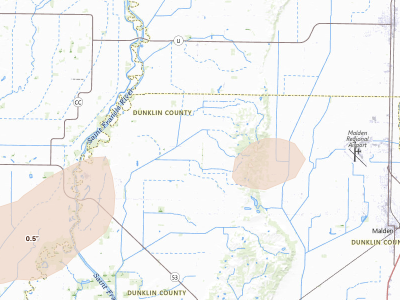 Radar-estimated hail-size map of the storm over Campbell, MO on Mar 4, 2026
