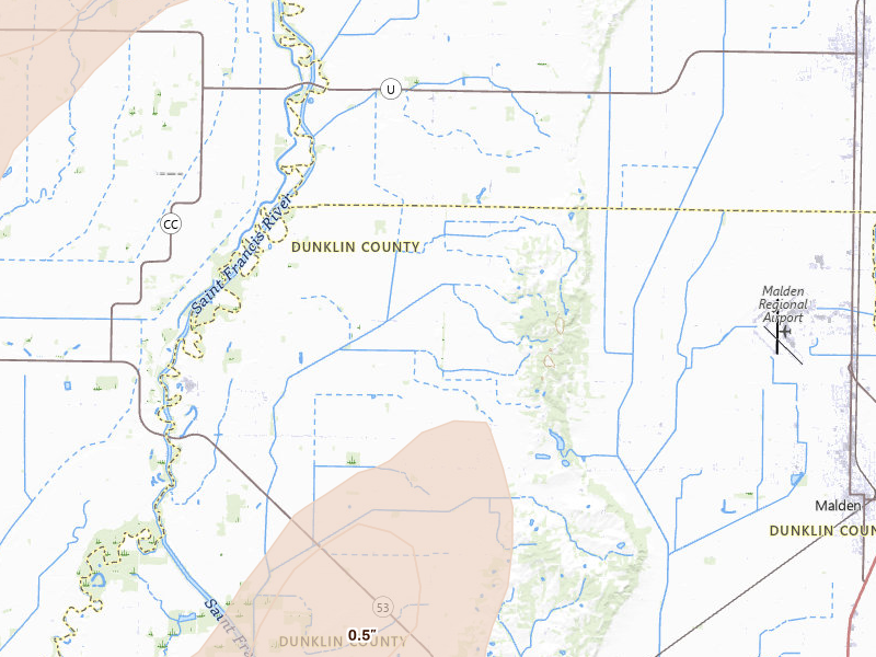 Radar-estimated hail-size map of the storm over Campbell, MO on Apr 26, 2026