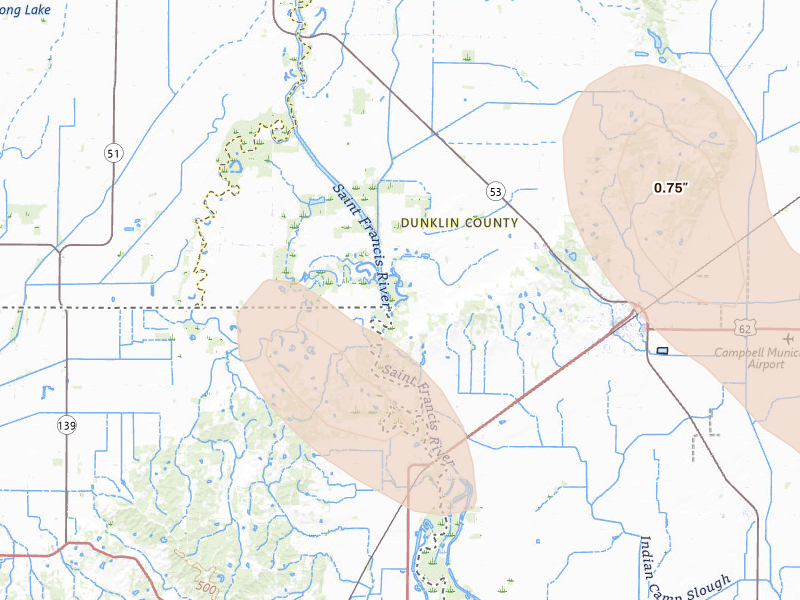 Radar-estimated hail-size map of the storm over Campbell, MO on May 31, 2026