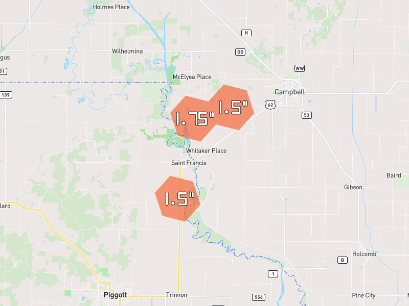 Hail map of Campbell, MO on Jun 7, 2026, hail up to 1.75"