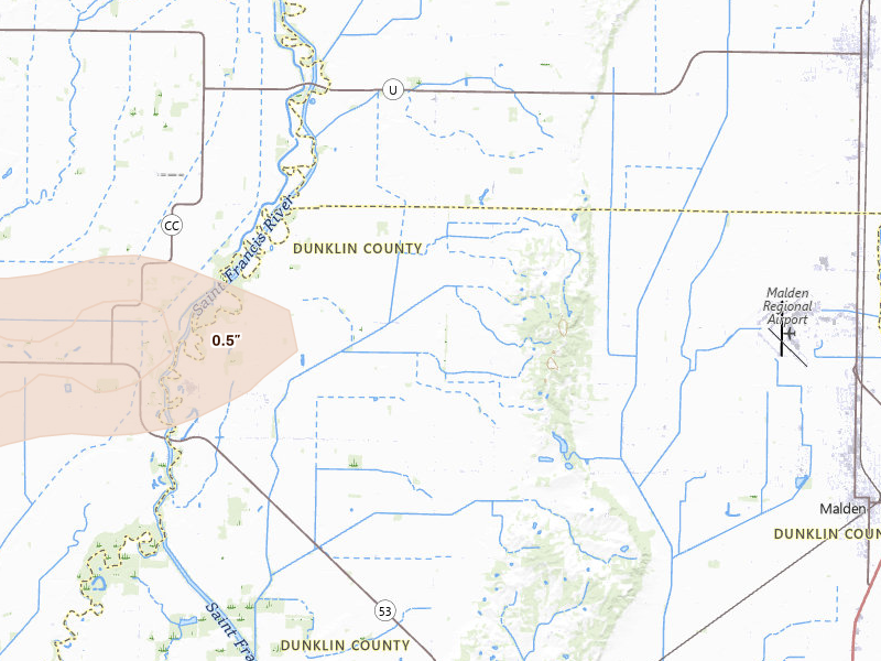 Radar-estimated hail-size map of the storm over Campbell, MO