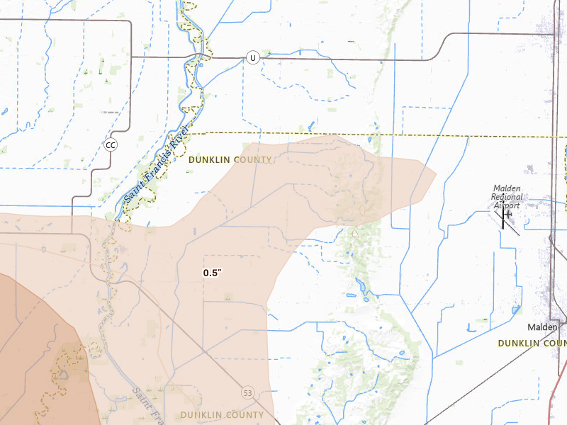 Radar-estimated hail-size map of the storm over Campbell, MO on Jul 9, 2026