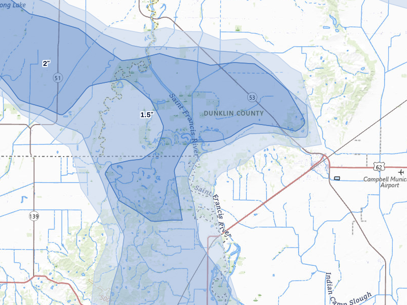 NEXRAD radar-signature map of the hail storm over Campbell, MO on Jul 9, 2026