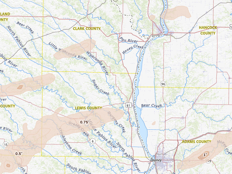 Radar-estimated hail-size map of the storm over Canton, MO on Apr 13, 2026