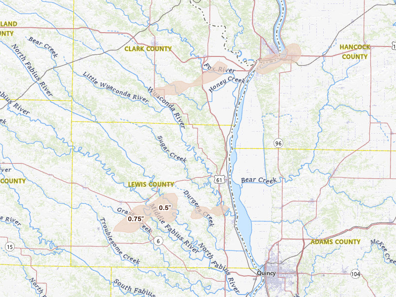 Radar-estimated hail-size map of the storm over Canton, MO on Apr 15, 2026