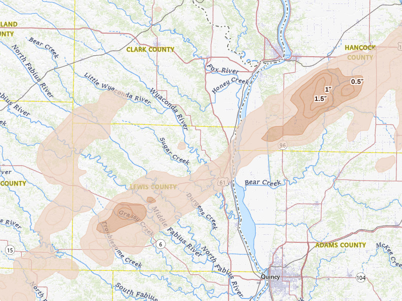 Radar-estimated hail-size map of the storm over Canton, MO on Apr 17, 2026