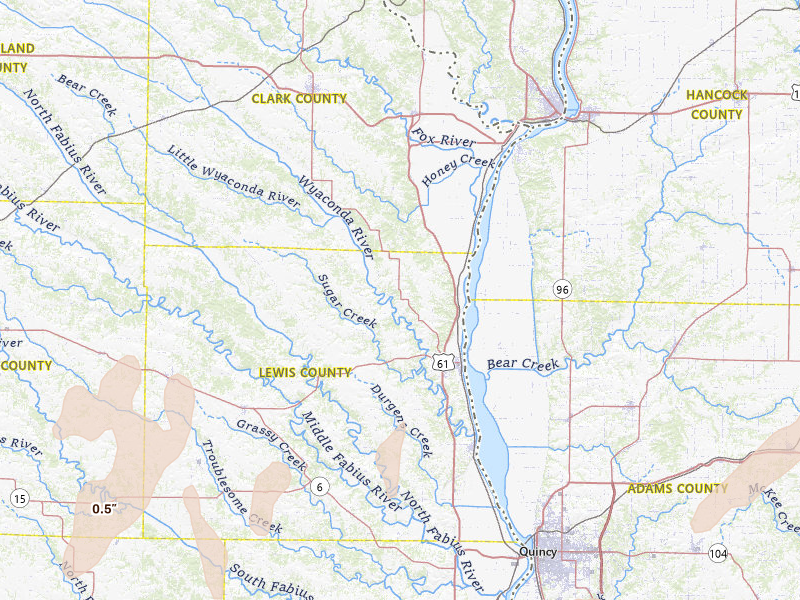 Radar-estimated hail-size map of the storm over Canton, MO on Apr 27, 2026