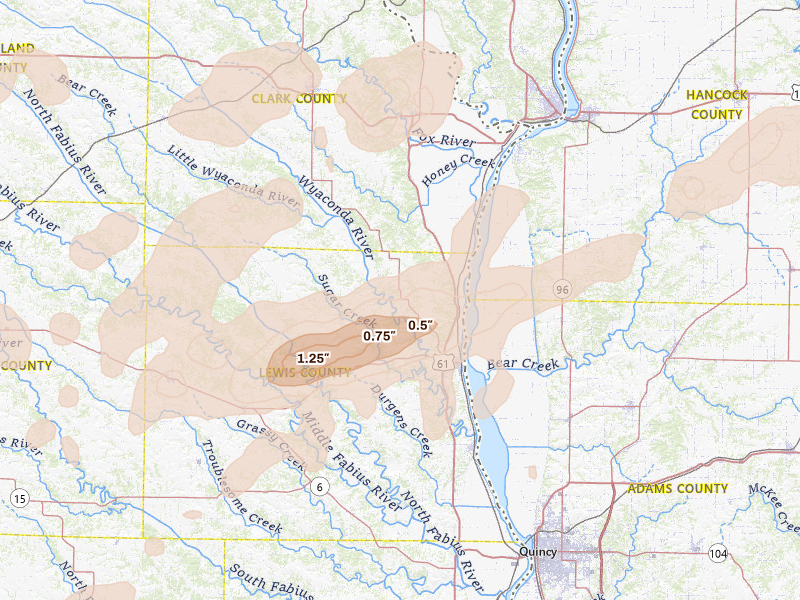 Radar-estimated hail-size map of the storm over Canton, MO on Jun 10, 2026