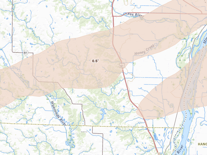Radar-estimated hail-size map of the storm over Canton, MO on Jun 11, 2026