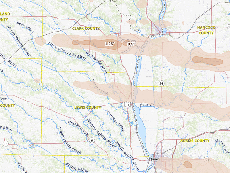 Radar-estimated hail-size map of the storm over Canton, MO on Jun 17, 2026