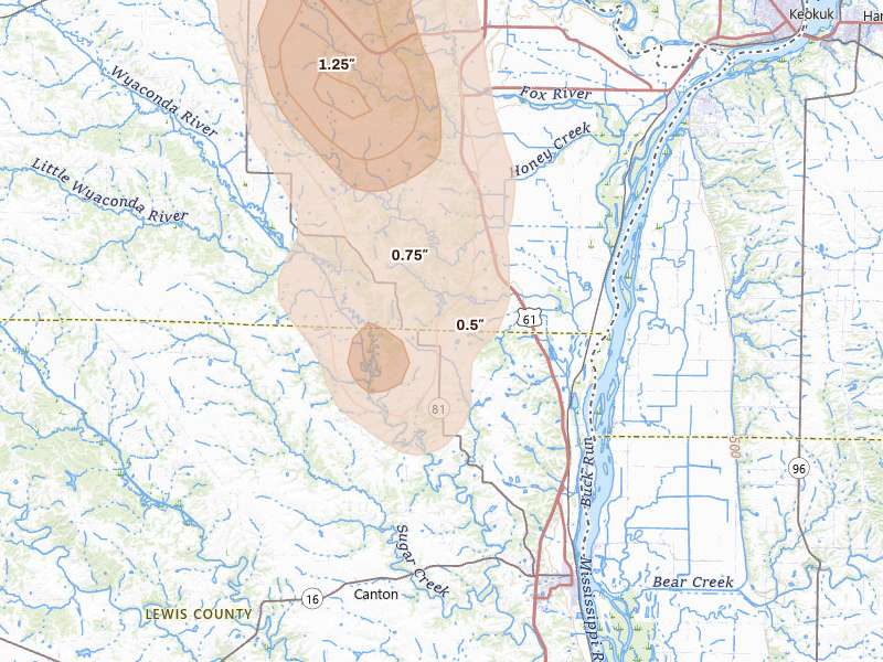 Radar-estimated hail-size map of the storm over Canton, MO on Aug 7, 2026