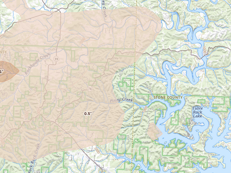Radar-estimated hail-size map of the storm over Cape Fair, MO on Apr 28, 2026