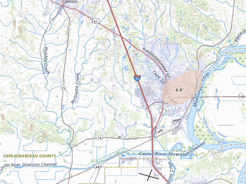 Radar-estimated hail-size map of the storm over Cape Girardeau, MO on Jul 8, 2026