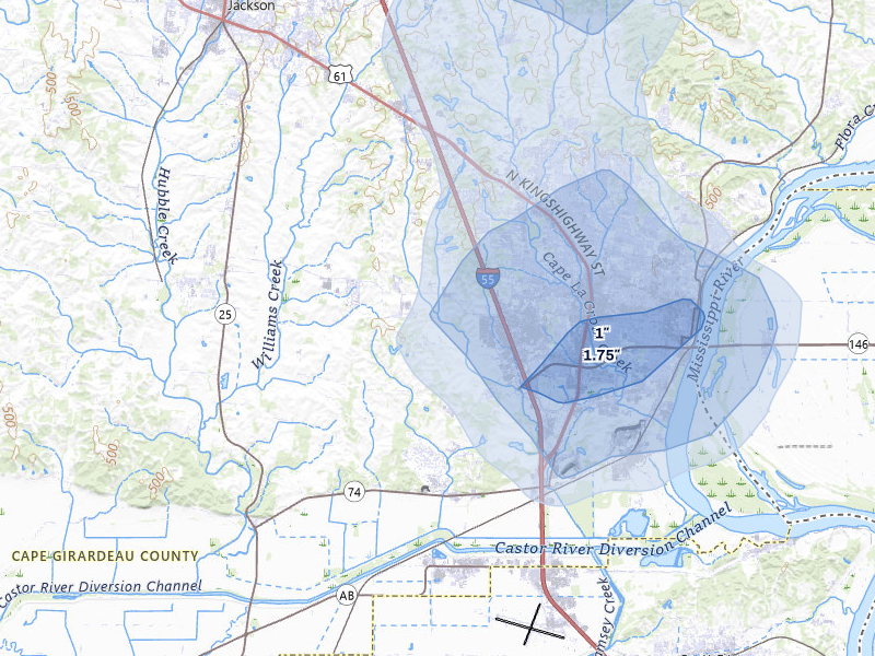 NEXRAD radar-signature map of the hail storm over Cape Girardeau, MO on Jul 8, 2026