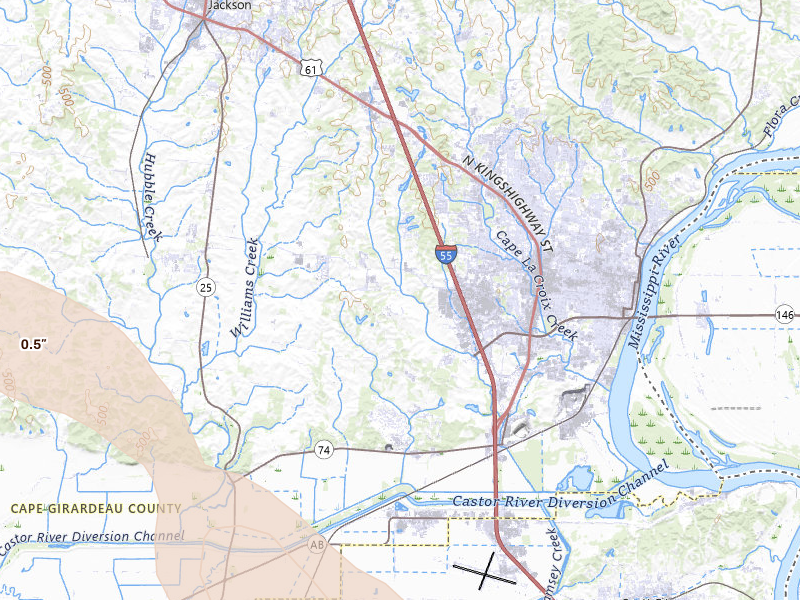 Radar-estimated hail-size map of the storm over Cape Girardeau, MO on Jul 21, 2026