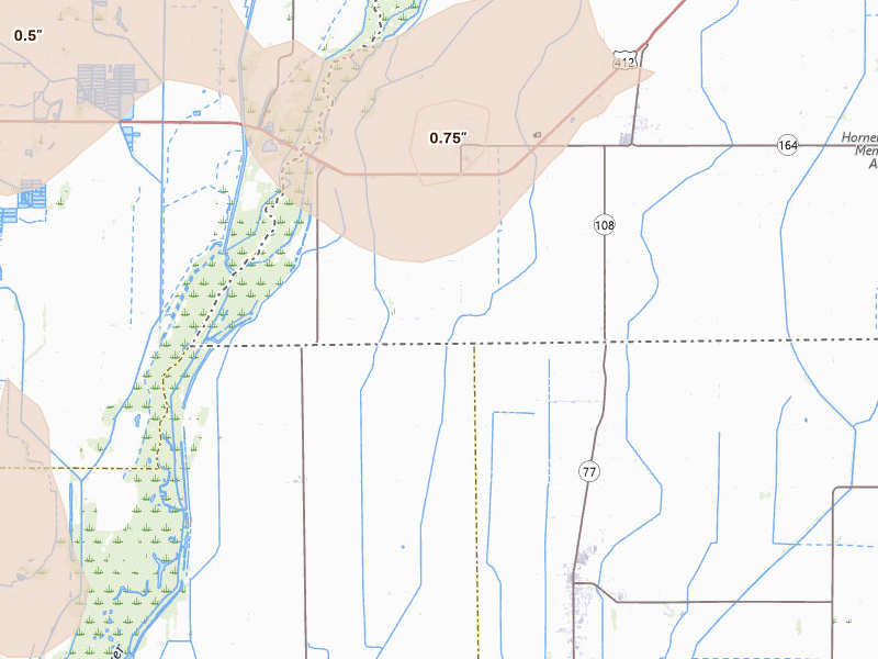 Radar-estimated hail-size map of the storm over Cardwell, MO on Apr 27, 2026