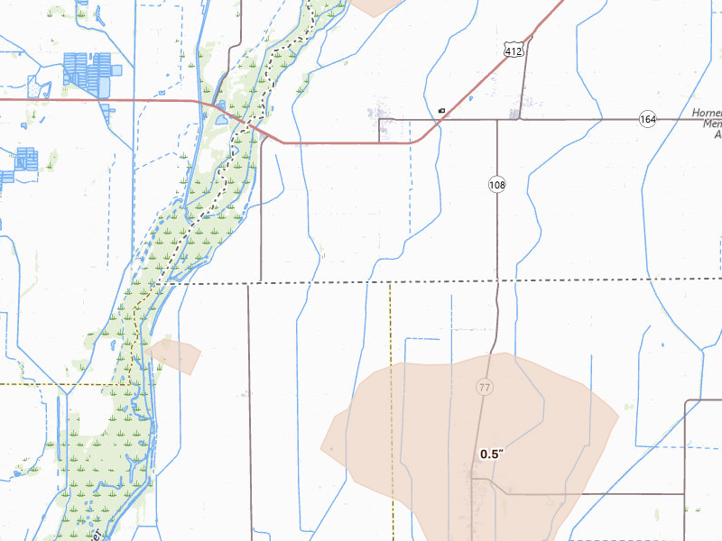 Radar-estimated hail-size map of the storm over Cardwell, MO on Jul 11, 2026