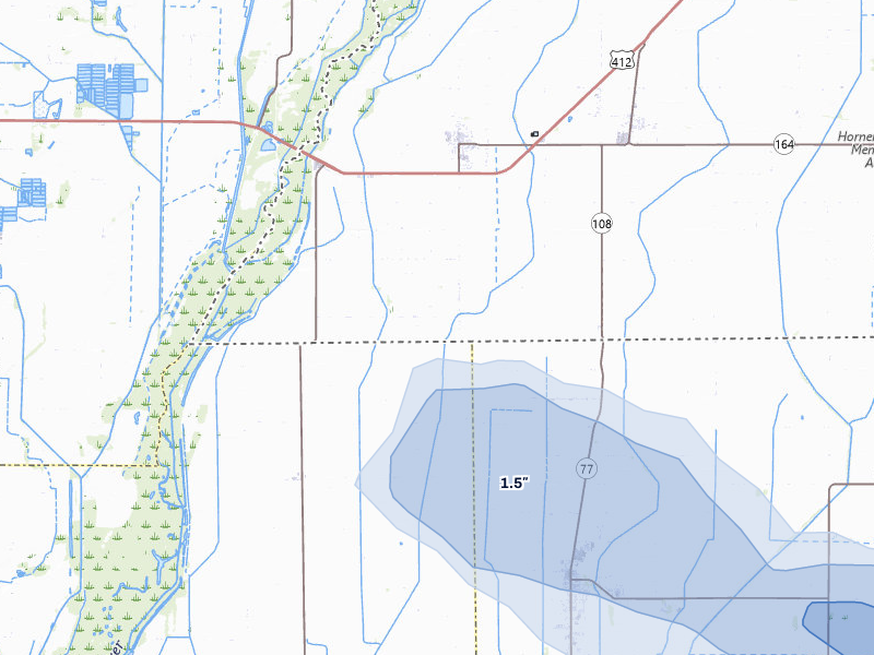 NEXRAD radar-signature map of the hail storm over Cardwell, MO on Jul 11, 2026