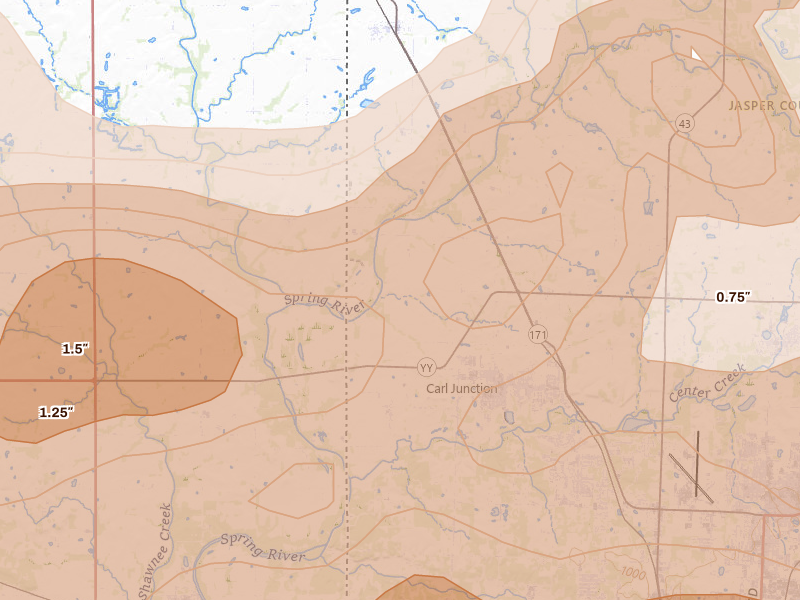 Radar-estimated hail-size map of the storm over Carl Junction, MO on Apr 26, 2026