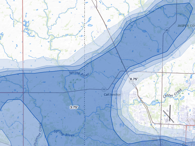 NEXRAD radar-signature map of the hail over Carl Junction, MO