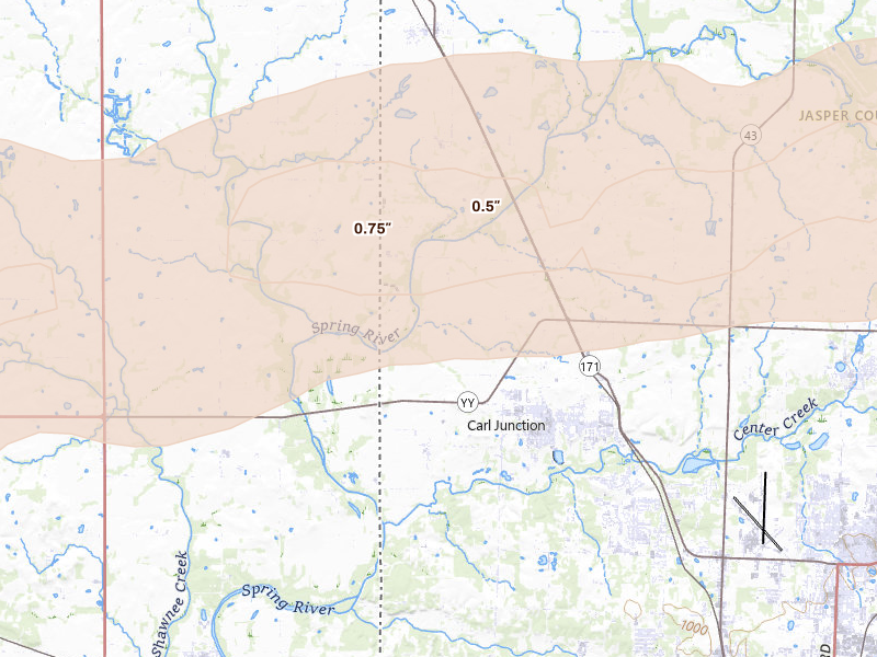 Radar-estimated hail-size map of the storm over Carl Junction, MO on Apr 28, 2026